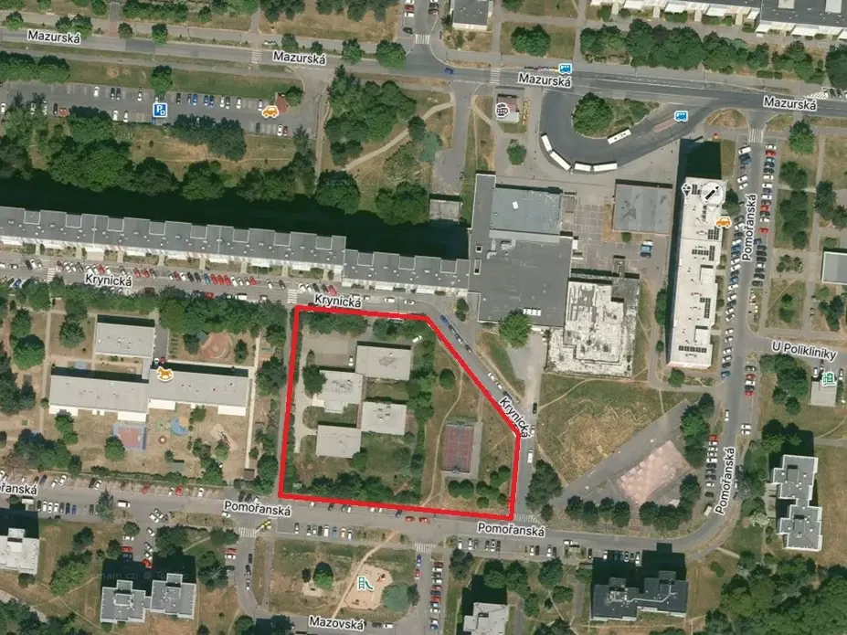 Mapa s vyznačením umístění plánovaného polyfunkčního domu v Pomořanské ulici.